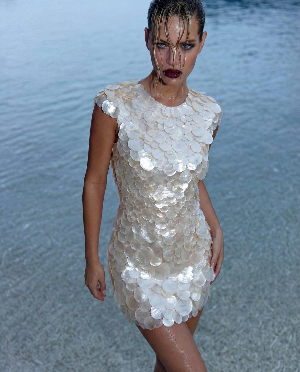 AI image: a model in a pearlescent sequin dress by the water