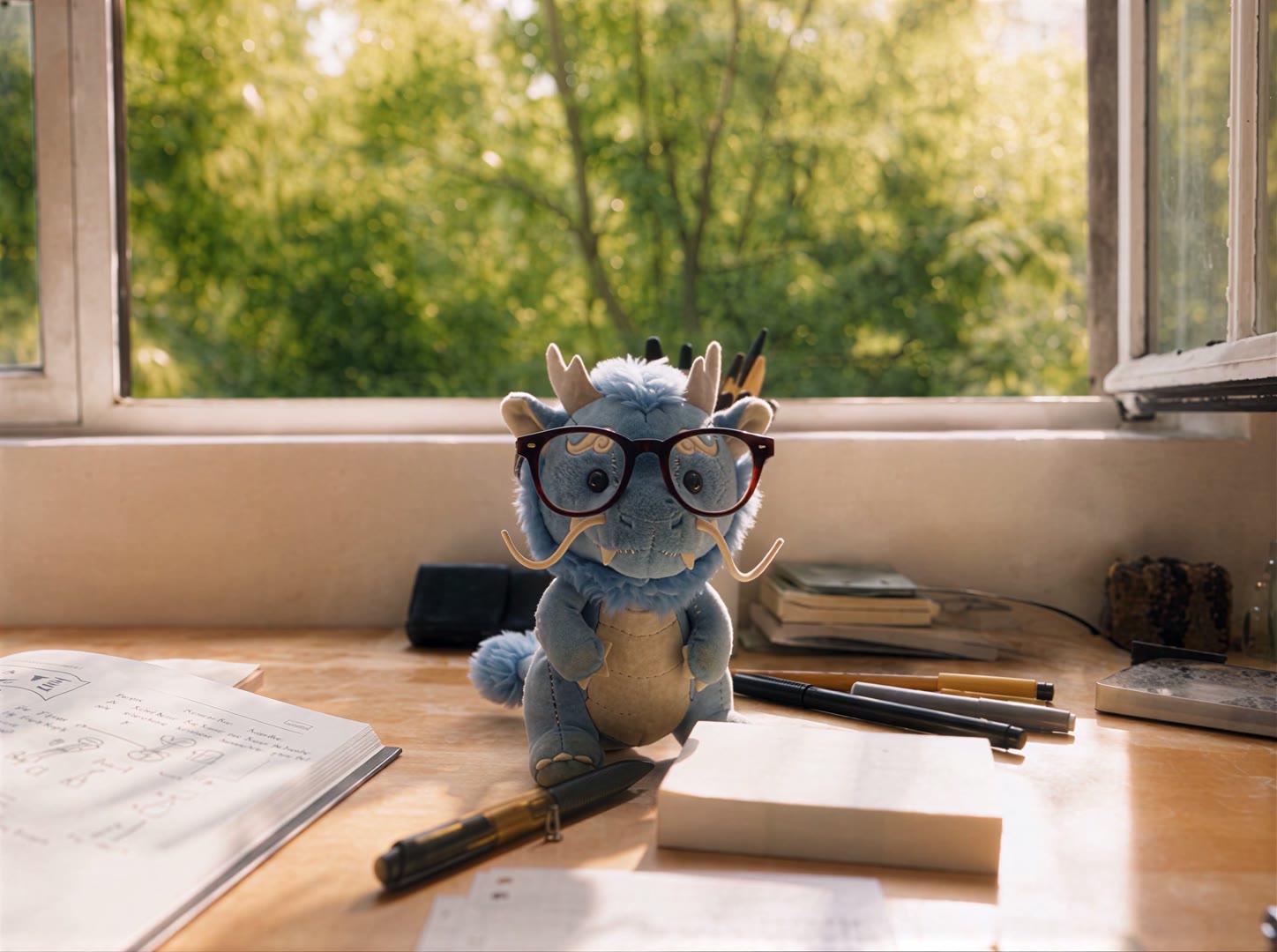 AI character: a plush blue dragon in glasses on a desk
