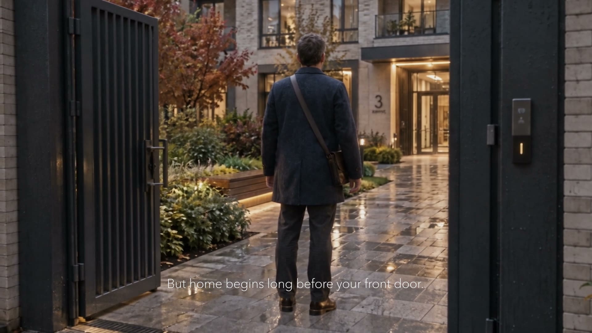 AI commercial still: a man at the entrance of a residential complex