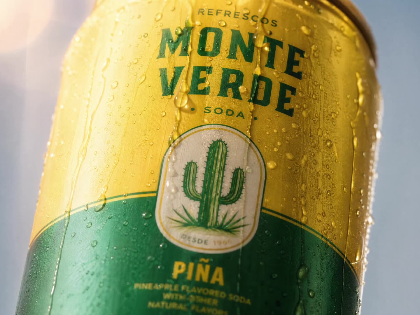 AI commercial still: a Monte Verde soda can covered in water drops